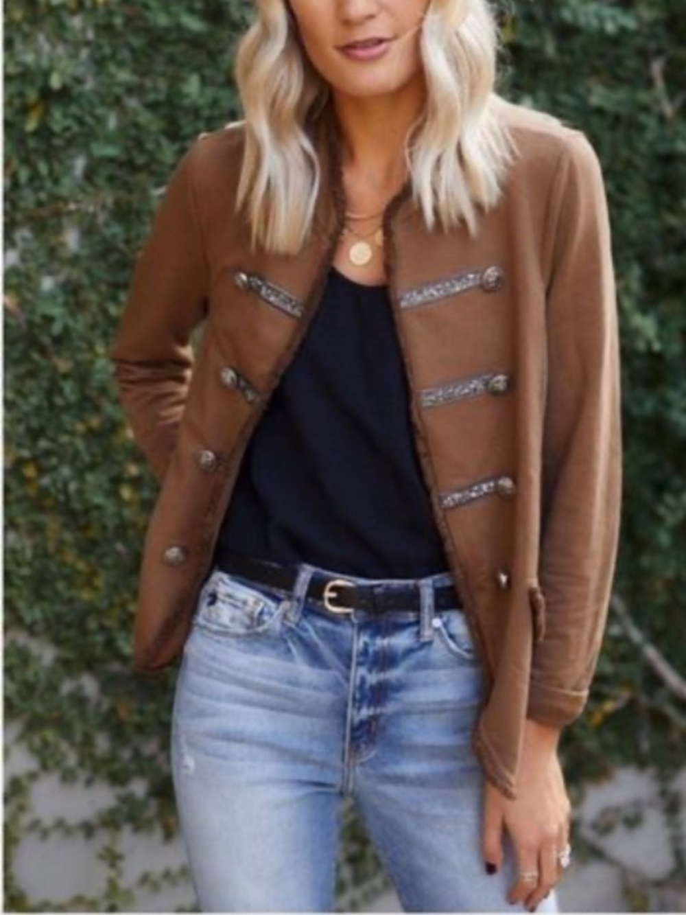 Venti 6 Women’s Military Style Embellished Jacket Size M EUC Brown with Silver